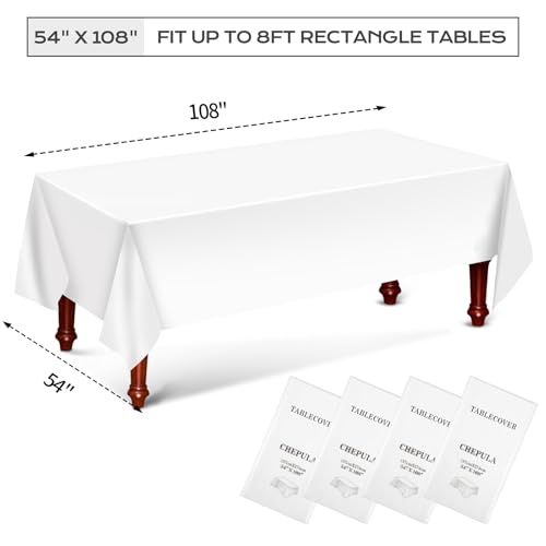 Chepula Disposable White Tablecloth, Waterproof Birthday Tablecloths, Rectangular, Suitable for Wedding, Party, Children’s Birthday, Christmas, 137 x 274 cm, White, Pack of 4