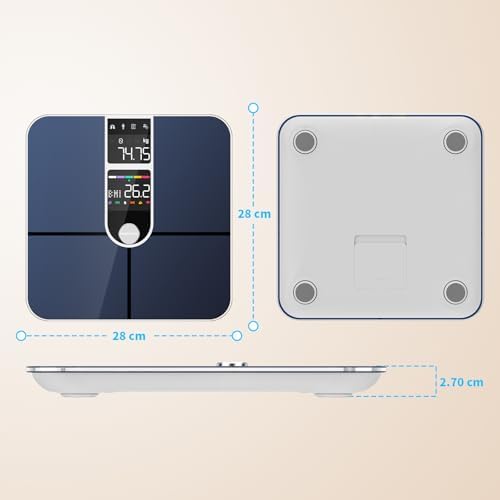 Personenwaage, angeschlossen, Bluetooth, mit 2 VA-Bildschirmen und ITO-Beschichtungstechnologie, 16 Körperdaten mit Herzfrequenz, App, für Android und iOS 180 kg/400 lb, silberfarben