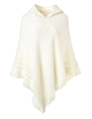 Minetom Women's Autumn Winter Knitted Tassels Hooded Cloak Poncho Capes Shawl Loose Irregular Pullover Sweater White One Size (8590cm)