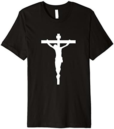 Mens White Crucifix T-Shirt Christian Catholic Jesus Cross Medium Black