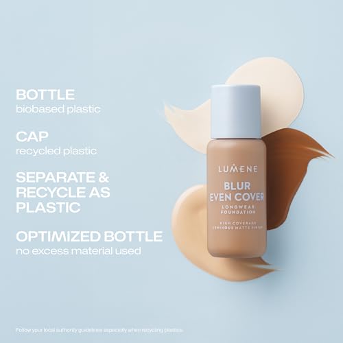 LUMENE Blur Even Cover Foundation - Base líquida ligera de alta cobertura con acabado mate radiante | 16 horas de duración | niacinamida y arándano nórdico | Sin perfume | Tono 0 | 30 ml