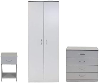 Devoted2Home Boldon White Bedroom Furniture 3 Piece Set-Wardrobe, 4 Drawer Chest, Bedside Cabinet, Wood, 49.8x66.8x180 cm