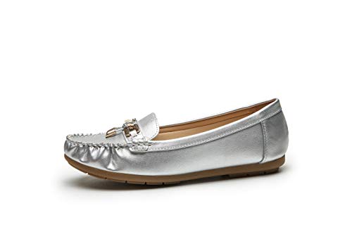 Mila Lady Fashion Colorful Causal Slip on Loafers Moccasin Walking Driving Indoor Flat Shoes for Women, Allison Silver Size 8.0