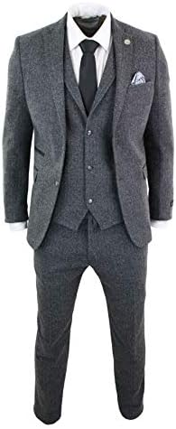 TruClothingMens Grey Black 3 Piece Tweed Suit Herringbone Wool Vintage Retro