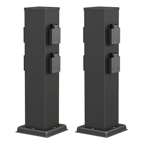 ledscom.de 2X Garten Steckdosensäule Polly für außen, IP44, 4-Fach, Edelstahl, schwarz, eckig, 40 cm