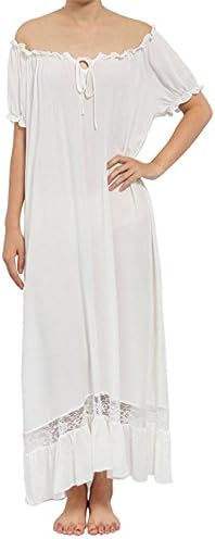 MaxxCloud Women's 100% Cotton Off The Shoulder Lace Victorian Nightgown Sleepwear Long Beach Dress XL