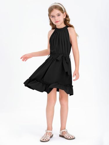 Halomoning Girl's Dress Sleeveless Simple Classic Casual Knee Length for Children Summer Princess Party Wedding Tie Waist A-Line