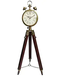 OVERSEAS MART Wooden and Brass Antique Metal Tripod Floor Analog Clock with Stand Two Bell Prop Roman Number for Home Living Room Hall & Office D cor Handicraft Gifts Item