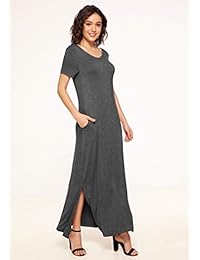 Weintee Vestido de mujer con escote en V, con aberturas laterales, maxi vestido con bolsillos