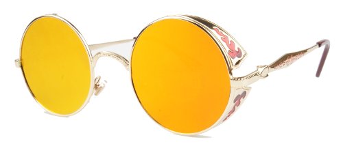 Vivian & Vincent Vintage Hippie Retro Metal Round Circle Frame Sunglasses (Gold Frame Orange Mirrored Lens)