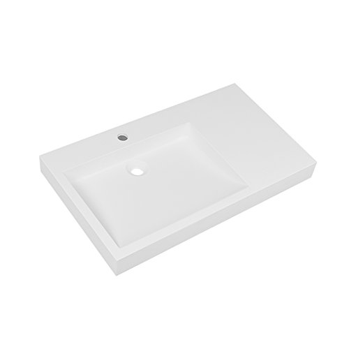MAYKKE 32" Darby Solid Surface Wall Mount Sink on Left, with Counterspace | Rectangular, Scratch-Resistant, Modern Bathroom Lavatory Sinktop | Matte White, JZA1100120