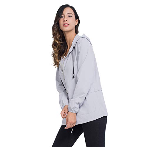 JTANIB Rain Jackets for Women, Lightweight Zip Up Hiking Travel Cycling Hooded Waterproof Raincoat S Grey