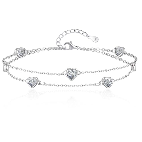 Tusuzik Women's Original 925 Sterling Silver Birthstone Bracelet Double Layer Personalised Heart Jewellery Birthday Gift For Mom Wife Girlfriend Friends Girls Teenagers