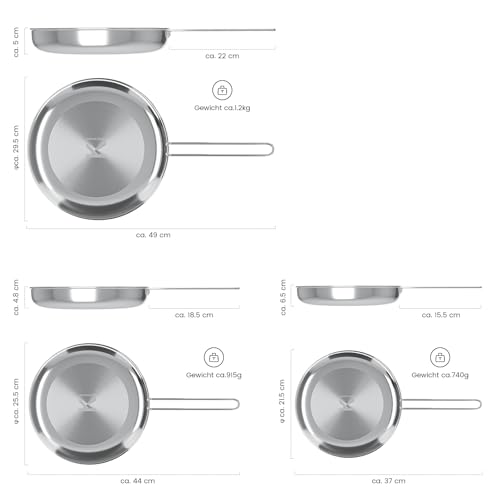 COOKNANO Frying Pans, 3-Piece Pan Set 22/26/30 cm, 4-Layer Stainless Steel Non-Stick Pan, Safe Non-Stick Coating, Environmentally Friendly, Suitable for Induction, Easy to Clean