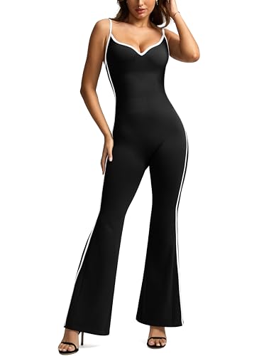 VILANVA JUMPSUITS FOR WOMEN TUMMY CONTROL BLACK ONE PIECE OUTFIT STRETCH FLARE ROMPER M