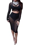 Women's See Through Sheer Mesh Crop Top Skirt 2 Pieces Dress Outfits S Black