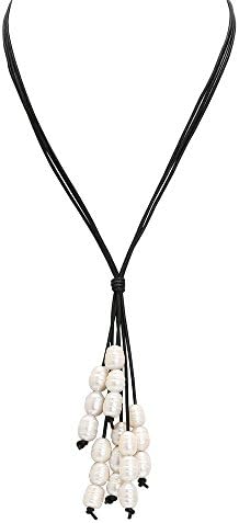 7 Strands Freshwater Cultured Pearls Pendant Necklace Genuine Leather Dangle Choker Handmade - 19.7'' Black