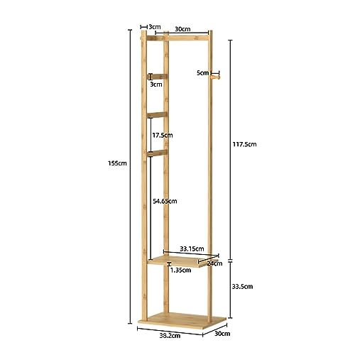 medla Bamboo Clothes Hanger Stand: Wood Cloth Rack with 3 Hanging Hooks and 2 Tier Shoe and Bag Storage Shelves Free Standing Coat Organizer for Hallway Home Office
