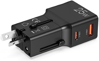 - Adattatore da Viaggio Universale 25W, con porte USB-C e USB-A, Compatibile con 150+ Paesi, Caricatore Slim Portatile per Smartphone e Tablet