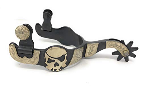 AJ Tack Wholesale Western Pirate Skull Show Spurs Motif Silver Engraving Black Steel Mens Size