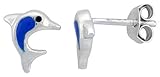 Sterling Silver Child Size Dolphin Earrings, w/ Blue Enamel Design, 1/4" 