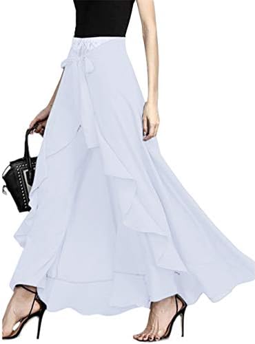 Women's Solid Ruffle Wide Leg Tie-Waist Maxi Long Chiffon Palazzo Overlay Pant Skirts