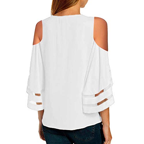 Finedayqi Woman Dress,Women Button V Neck Mesh Panel Blouse 3/4 Bell Sleeve Loose Top Shirt WH/M White