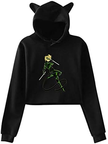 HaiguangZ Women Cat Noir Miraculous Navel Exposure Hooded Cat Ear Long Sleeves Fleece Pink