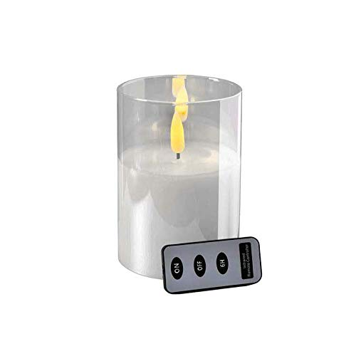 LED Candle in Glass with Remote Control and Timer, Diameter 10 cm, Realistic and Flickering Flame, Christmas Decoration (‎White, Large: 15 cm)