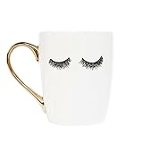 Eyelashes Gold Coffee Mug | Fun Girly Eyelash Gift for Her Large Fancy Handle Tea-Cup Make-Up Lashes Decor 16 Ounces Hand Drawn Design