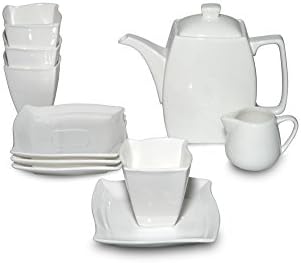 Carmona Punta Coffee/tea Collection 10-piece Tea Serving Set with Teapot, Four Cups and Saucers, and Creamer. Porcelain White New Bone China Set for Four People