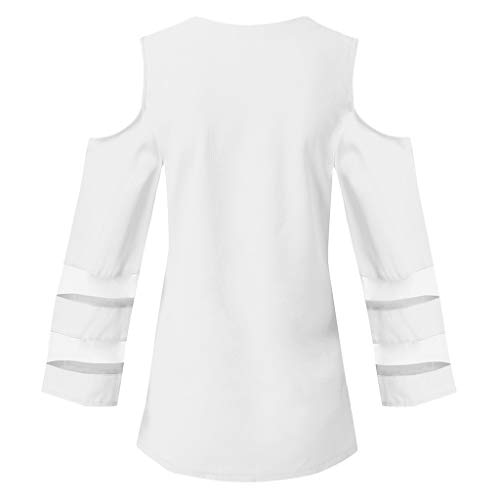 Finedayqi Woman Dress,Women Button V Neck Mesh Panel Blouse 3/4 Bell Sleeve Loose Top Shirt WH/M White