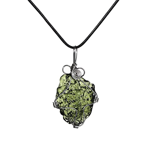 RMYSUM Moldavite Meteorit Crystal Necklace Moldavite Pendant Czech Meteorite,Powerful Healing Chakra Stone for Men and Women（Green Glass,Silver Wrap,Irregular Shape）