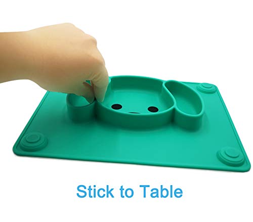 Baby Silicone Suction Placemat + Plates - Food Feeding Divided Mat for Kids and Toddlers Fits Most Highchair Trays - Easily Wipe Clean - Dishwasher and Microwave Safe (Blue & Green)