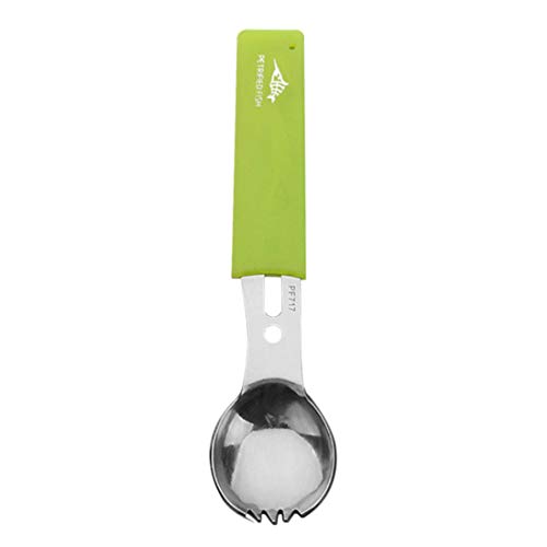 FREAHAP R Multifunctional Spork 6 in 1 Camping Cutlery Spoon Fork Knife Combo with Bottle Opener Scaler Fish Spear Multitool for Camping Hiking Travel PSK Survival Silver+Green