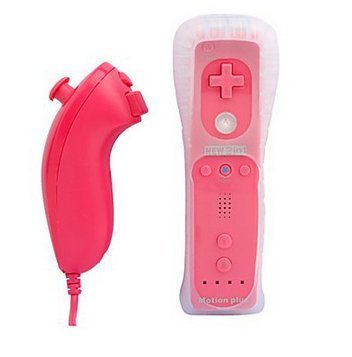 COCOANUT Pink WII Remote(Built-in Motionplus)+Nunchuck Controller Replacement for Nintendo Wii+Silicone Skin+Wrist Strap