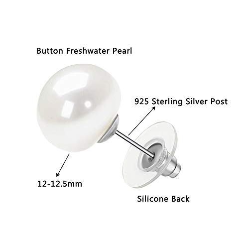 Sterling Silver 12mm White Freshwater Cultured Button Pearl Stud Earrings - Thumbnail 4