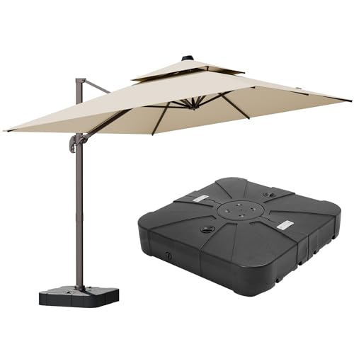 ZLACUIU 9x12FT Beige Cantilever Outdoor Patio Umbrella with Base, Large Rectangular Offset Design, Double Top Heavy Duty Aluminum Frame & 360° Rotation for Pool Garden Deck Backyard