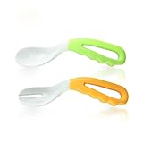 2 Pcs Baby Kids Infant Self-feeding Flatware Training PP Bent Fork Spoon Set