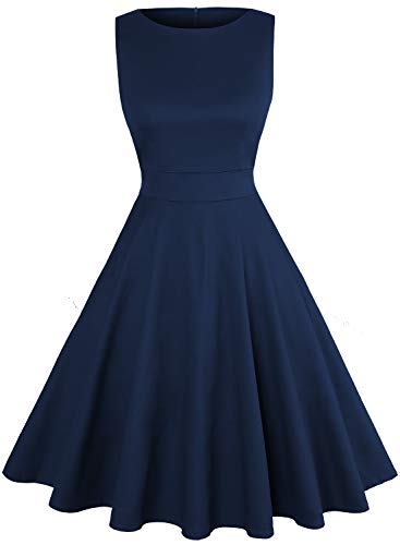 OWIN Women's Vintage 1950's Floral Spring Garden Rockabilly Swing Prom Party Cocktail Dress Navy Blue