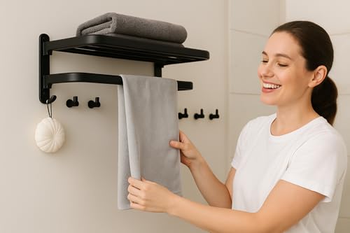 P&C HOME Drill-Free Adhesive Towel Rail with Shelves and 4 Hooks - Matte Black Stainless Steel - Waterproof - Organizer for Towels and Accessories,