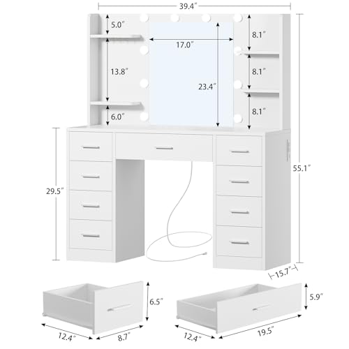 TEENFON Large Vanity Desk with 9 Drawers & Power Outlet, 6 Open Shelves and 5 Jewel Hooks, Makeup Vanity with Lighted Mirror, 3-Color LED & Adjustable Brightness, Dressing Table for Bedroom, White