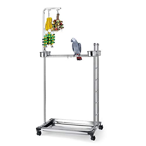 Parrot Stand Stainless Steel, Large Bird Stand Plus Caster and Toy, Suitable for Large Parrots in The Diamond-Gray Parrot, 57 Inches