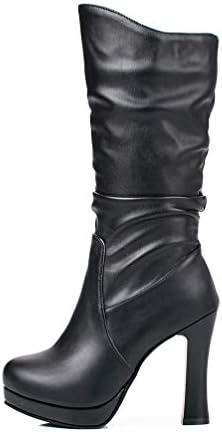DETAWIN Women Platform Mid Calf Boots PU Soft Leather Fashion Round Toe Half High Heels Boots