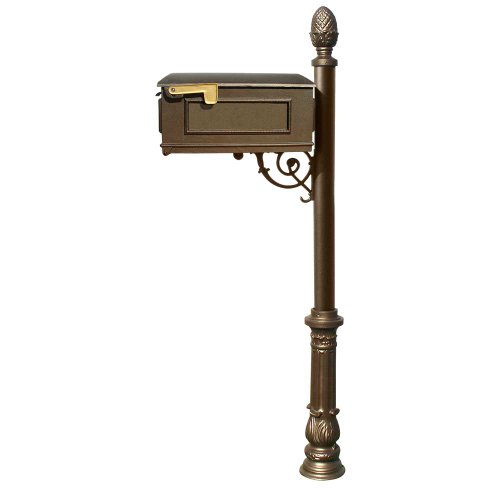 Photo 1 of Qualarc Lewiston Cast Aluminum Post Mount Mailbox System with Post, Aluminum Mailbox, Ornate Base and Pineapple Finial, Bronze, Ships in 2 boxes