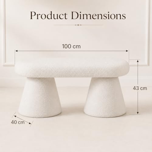 Modern Boucle Ottoman Bench, White Oval Upholstered Entryway Bench with Conical Pedestal Bases, Sherpa Accent Bench Foot Rest Extra Seat for Living Room Bedroom End of Bed, 100 x 40 x 43 cm