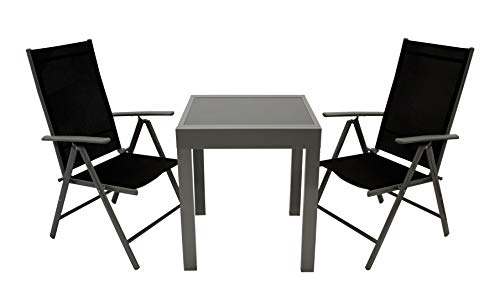 DEGAMO Balkongarnitur Amalfi 5-teilig, 4X Klappsessel aus Aluminium Silbergrau und Textilgewebe schwarz, 1x Ausziehtisch… – Bild 3