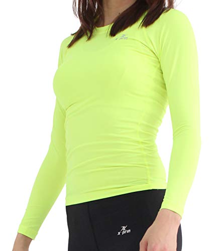 XPRIN A100 Series Women's Long Sleeve Cool Base Layer Compression Shirt Sports Wear (M, A107 Neon Green)