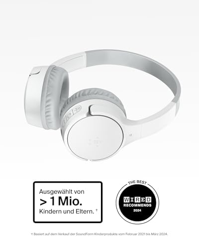 SoundForm Mini kabelloser Kinderkopfhörer mit integriertem Mikrofon und lustigen Aufklebern, 30 Std. Wiedergabe – Over-Ear-Kopfhörer für Unterricht, Ferien, iPhone, iPad, Galaxy – Weiß