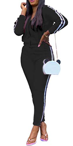 Women 2 Piece Long Sleeve Striped Cardigan and High Waist Long Legging Outfits Activewear Set Black L